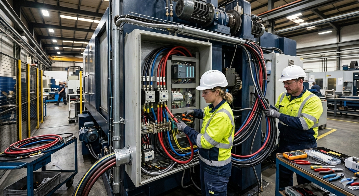 Two workers in safety vests and hard hats repairing machinery in a factory.
