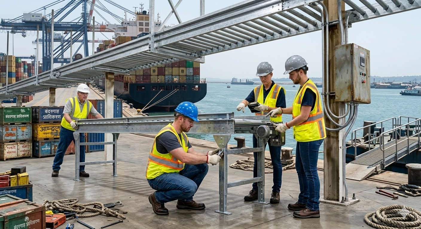 Workers assembling metal structure on a dock. Port with cargo ship and cranes in the background.