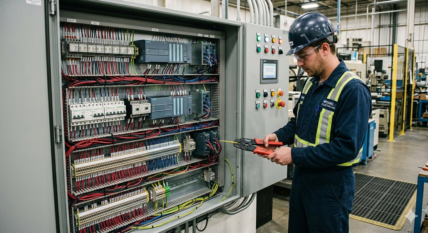 Technician in a blue jumpsuit and hard hat working on an industrial control panel.