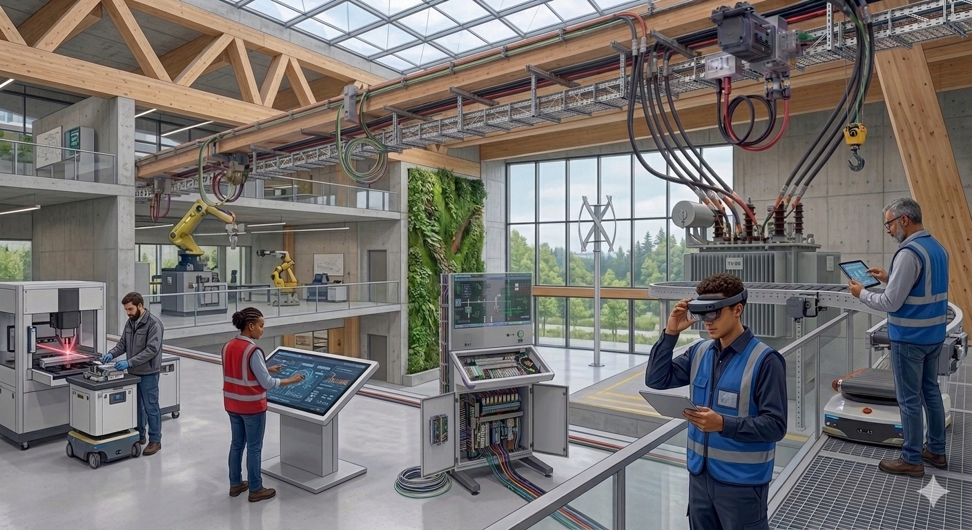 High-tech factory interior with workers operating machinery and a robot, some wearing AR headsets.