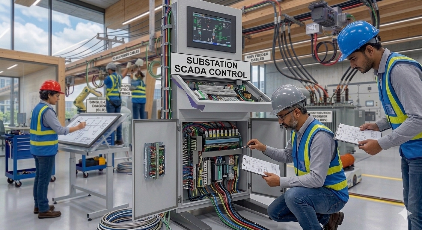 Engineers in hard hats working on substation SCADA control panel, inspecting wires and equipment.