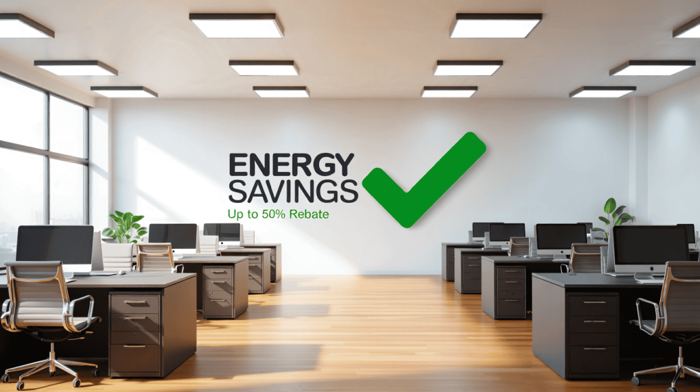 An office with desks and computers. The wall has 