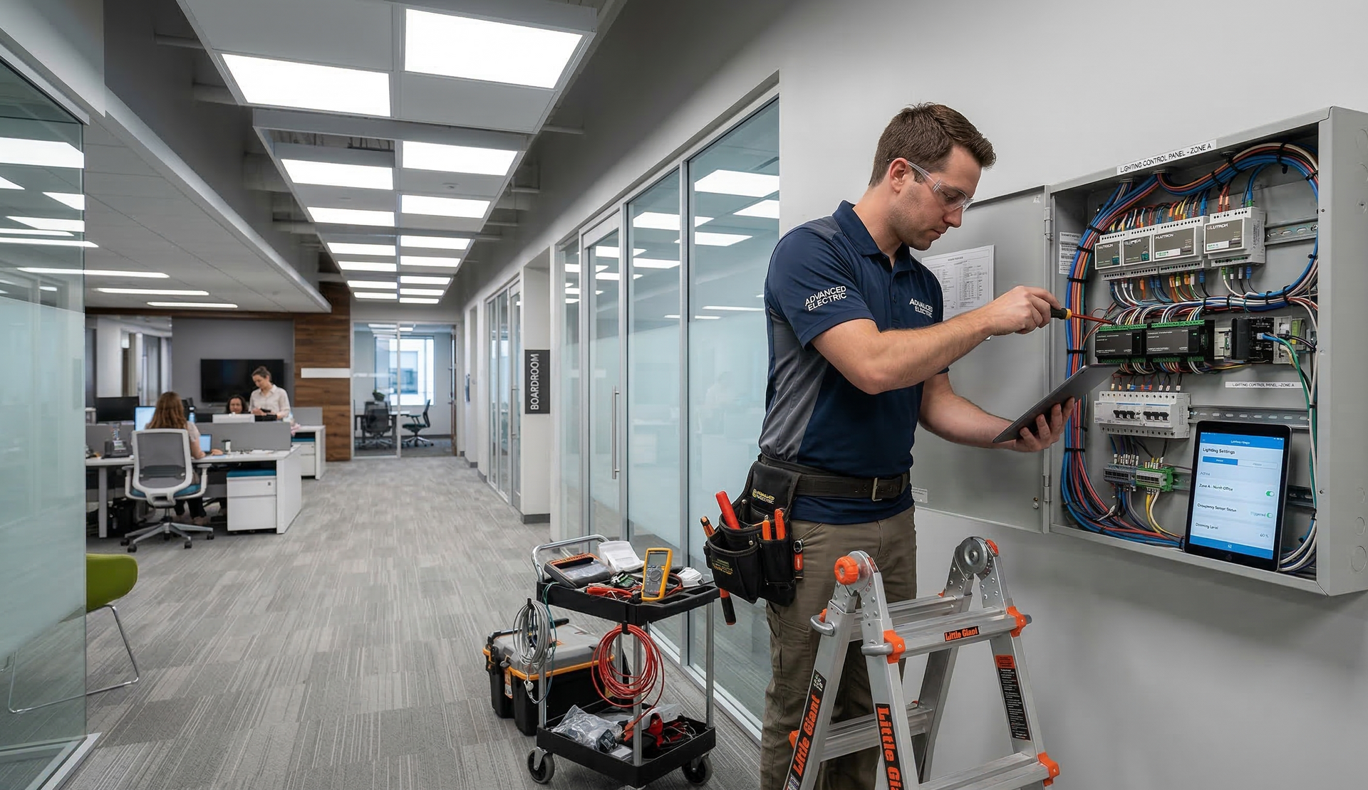 Person's hand touching a smart home control panel on a wall in a brightly lit room.