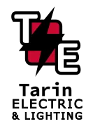 Logo for Tarin Electric & Lighting: Black lightning bolt over red square,