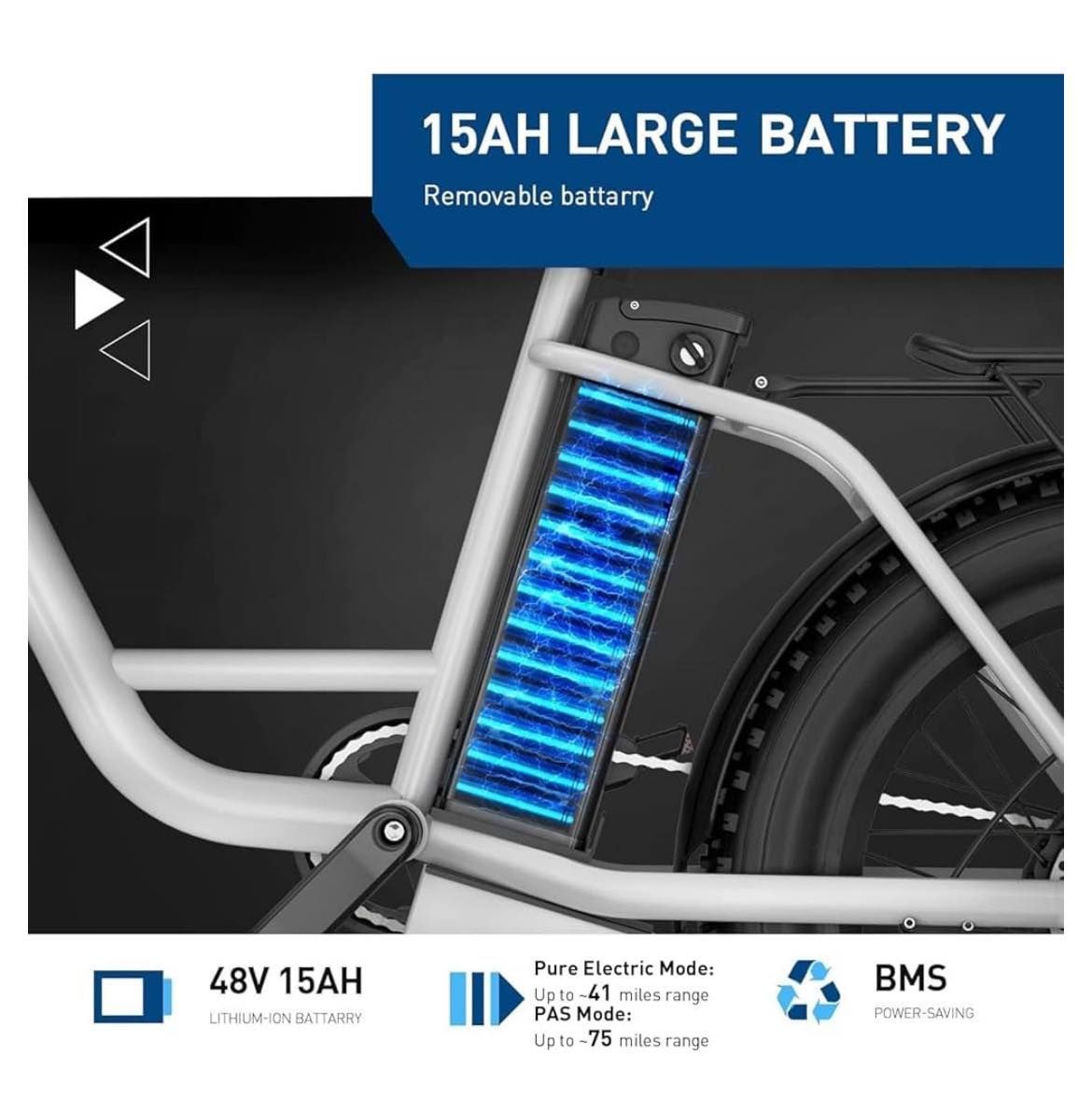 Electric bicycle with a large 15AH battery; blue battery pack graphic; text: 48V 15AH.