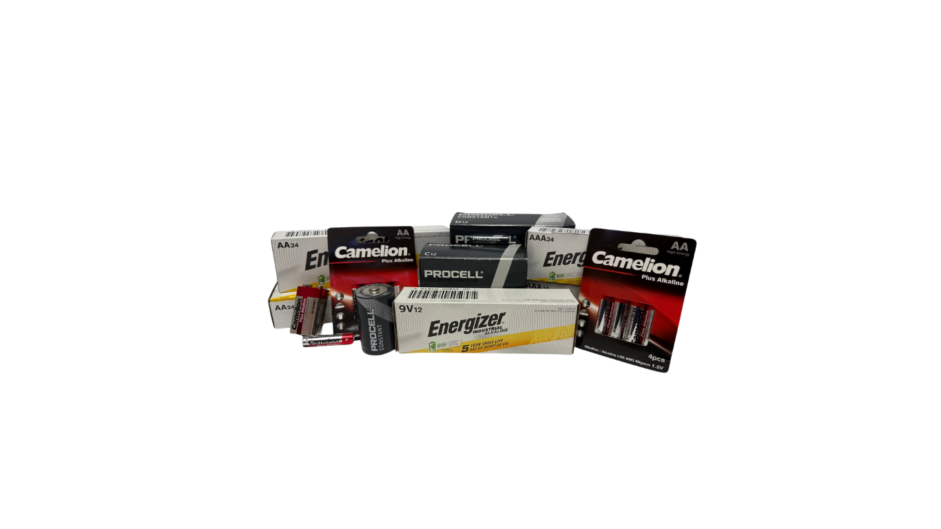 Pile of Energizer and Duracell batteries in various packaging.