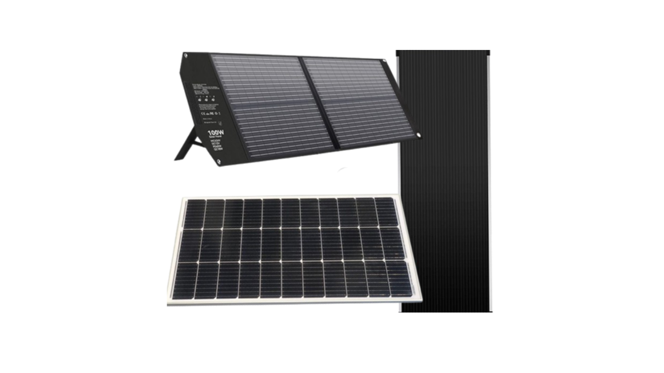 Three different solar panels: a foldable, a rectangular one, and a square one.