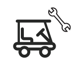 Golf cart with wrench, suggesting maintenance or repair.