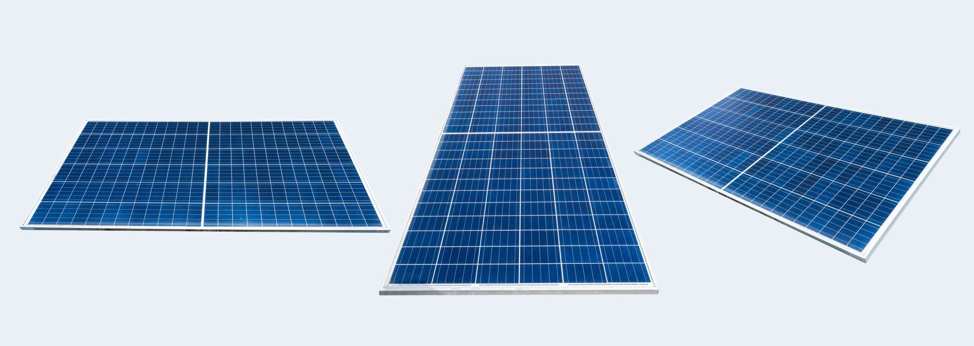 Three blue solar panels on a light blue background, slightly angled and arranged.