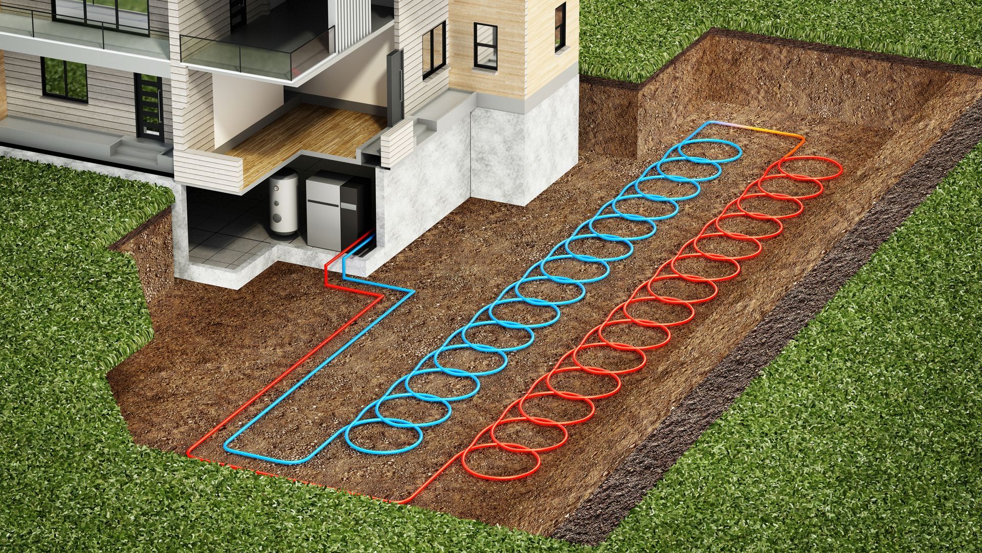 Cutaway of a house with a ground source heat pump system: underground pipes exchanging heat with the earth.