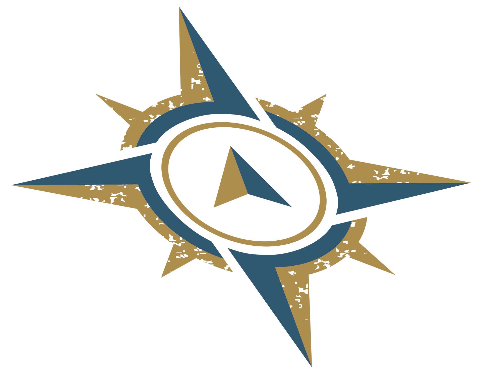 Logotipo de rosa de los vientos con elementos azules y dorados.