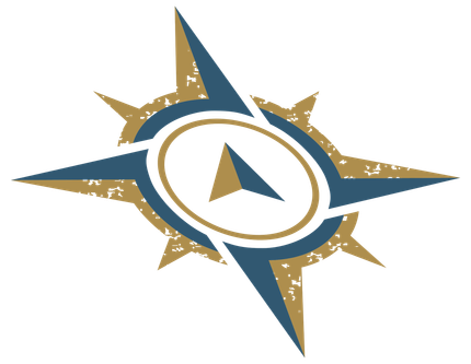 Logotipo de rosa de los vientos con elementos azules y dorados.