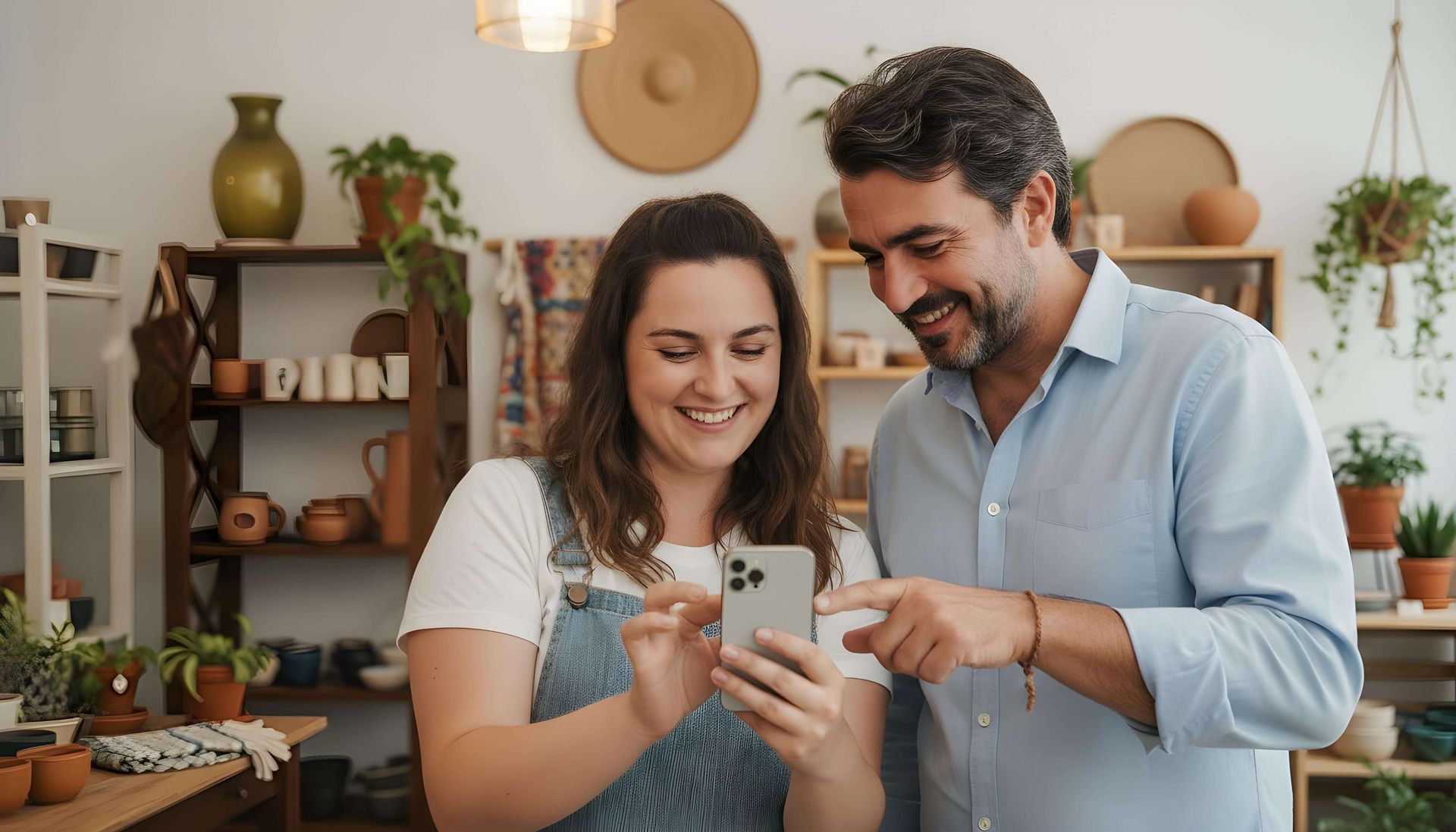 Mujer y hombre sonriendo, mirando un teléfono en una tienda, rodeados de mercancía.