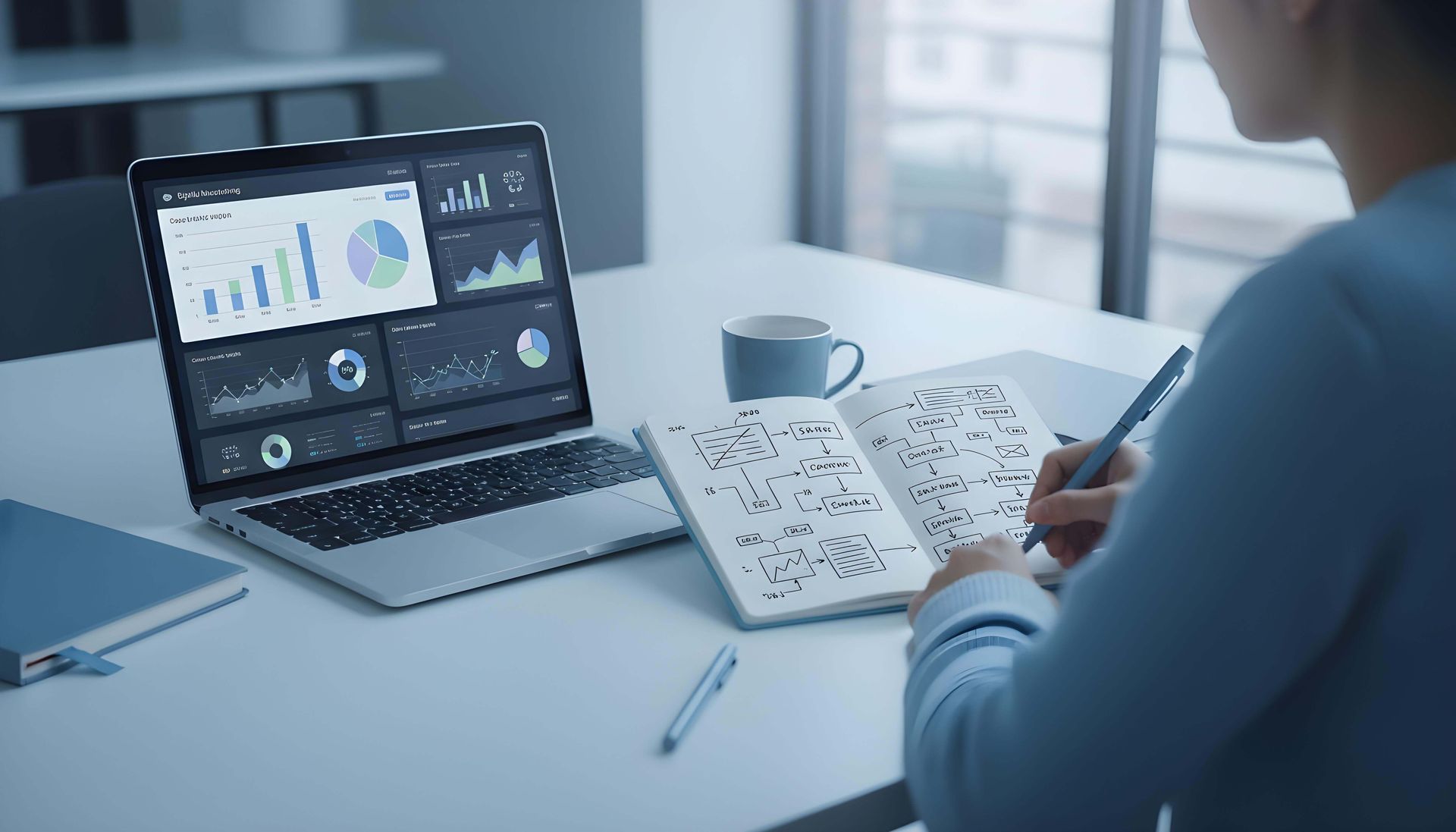 Mujer en un escritorio con una computadora portátil mostrando gráficos de datos, tomando notas en un cuaderno Braille.