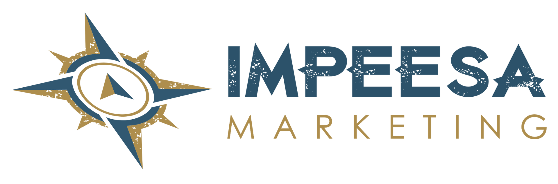 Logotipo para Impeesa Marketing, con una brújula y texto en azul y dorado.