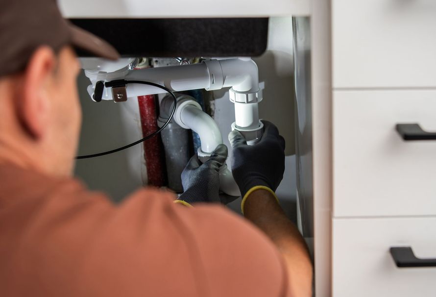 Person repairing sink plumbing under a cabinet, wearing gloves and working with pipes and tools.