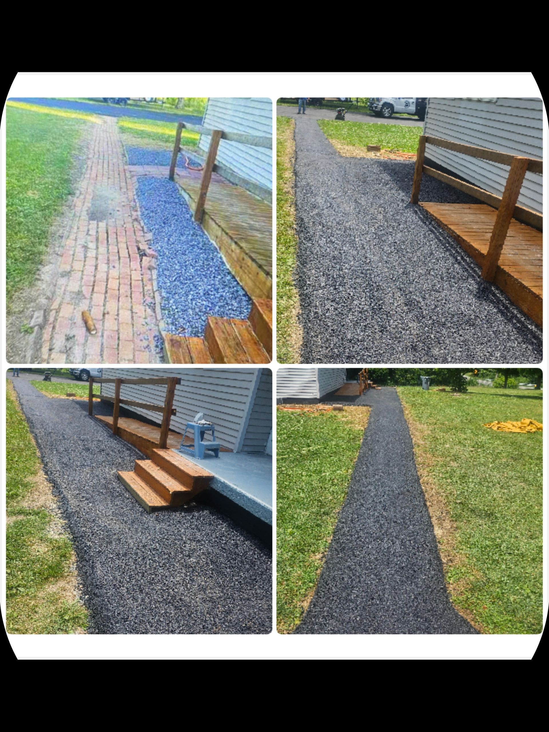 A collage of four pictures of a walkway leading to a house.