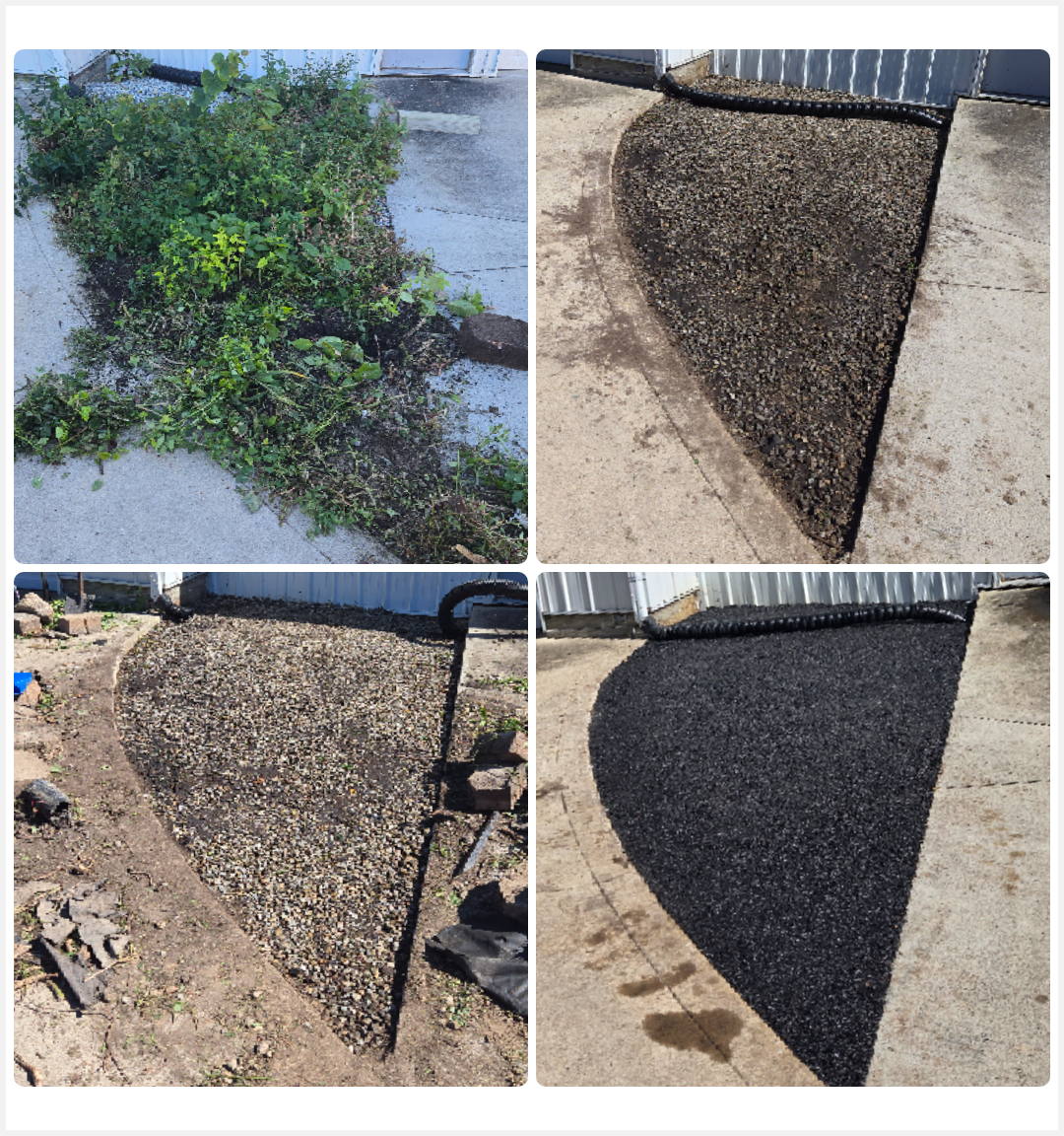 A collage of four pictures showing a lawn before and after being mowed