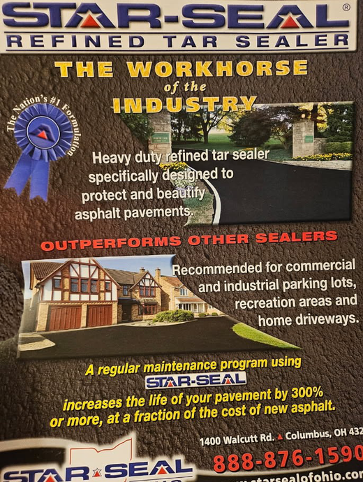 Advertisement for Star-Seal refined tar sealer, showing asphalt pavement examples.
