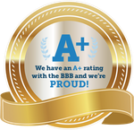 A gold badge that says we have an a+ rating with the bbb and we 're proud