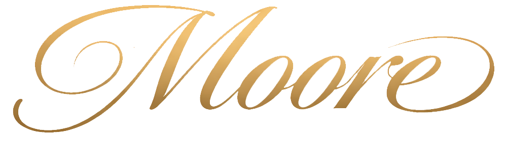 Gold cursive word &ldquo;Moore&rdquo; on a white background
