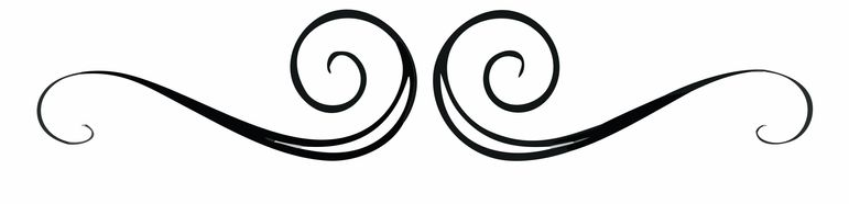 A black, symmetrical decorative flourish featuring two opposing spiral scrolls.