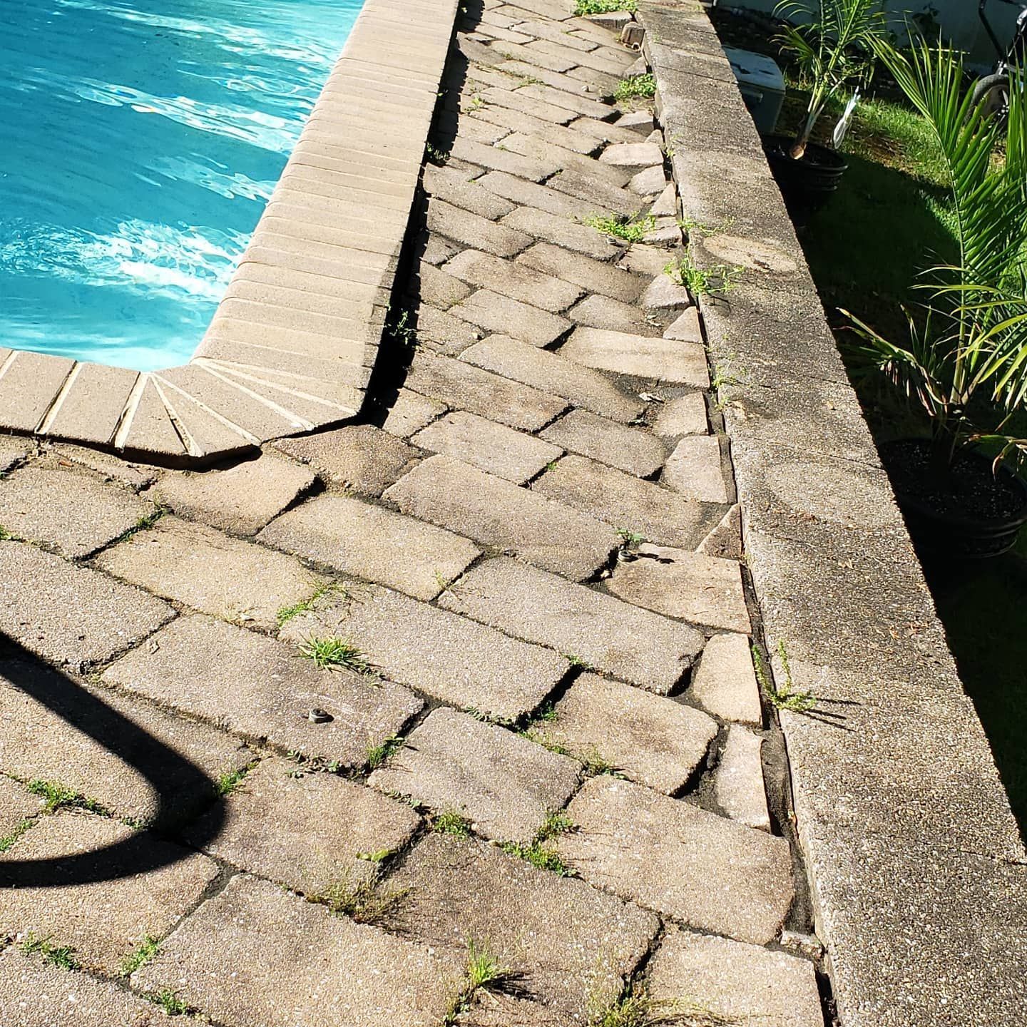 Herringbone brick patio alongside a swimming pool with blue water. Concrete border.