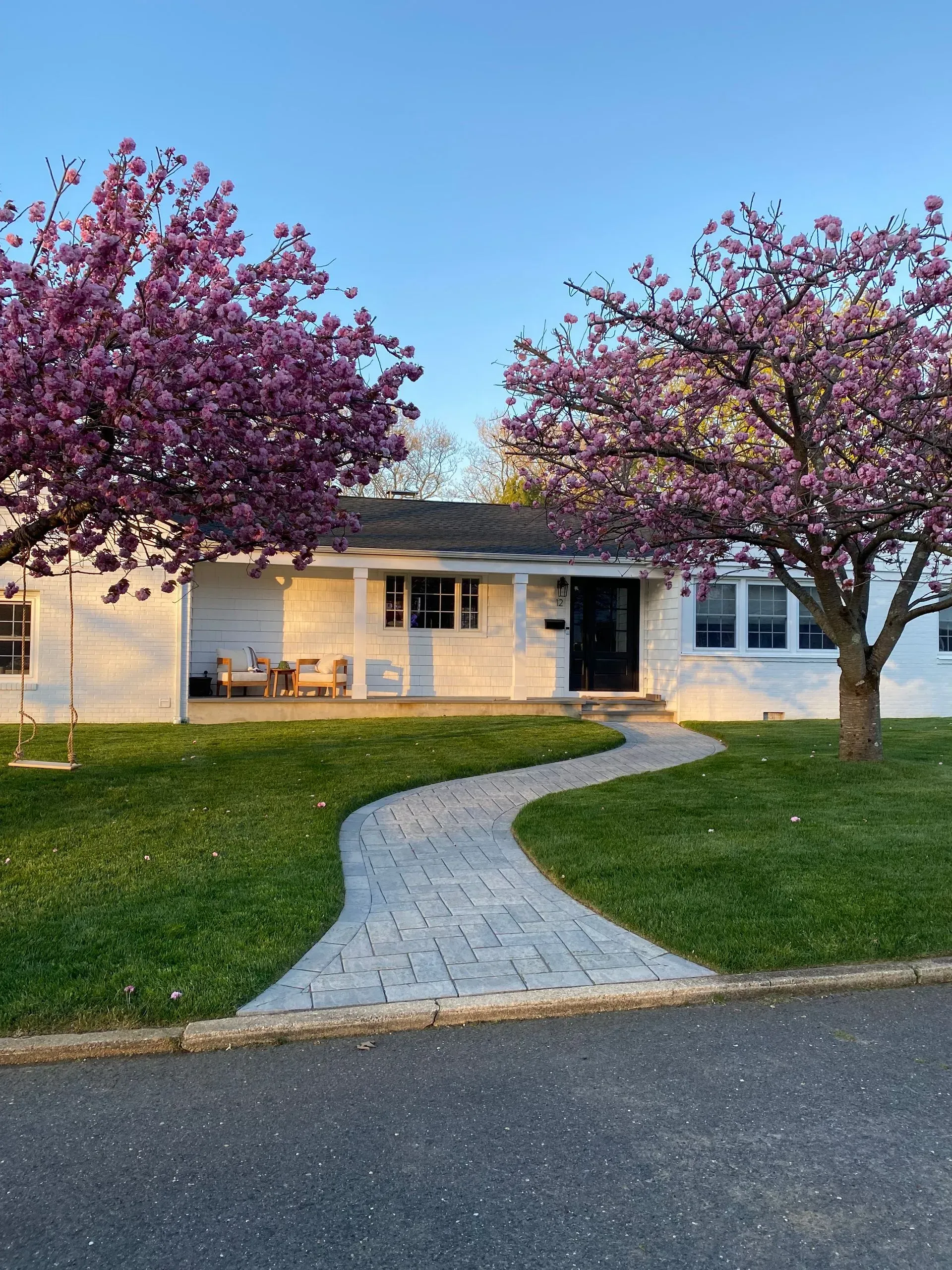 White house with a curving stone path, flanked by green grass and two blooming pink cherry blossom trees.