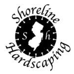 Logo: "Shoreline Hardscaping" with NJ silhouette inside a compass, black and white.