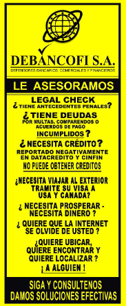 Folleto amarillo de Debancofi SA que anuncia servicios legales. Entre las preguntas se incluyen: 