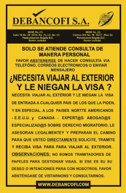 Anuncio amarillo de Debancofi SA, que ofrece asesoramiento legal para casos de visados ​​extranjeros denegados, especialmente para países de América del Norte.