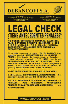 Anuncio amarillo de servicios de verificación legal, con texto negro.