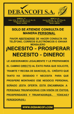 Anuncio amarillo de Debancofi SA que ofrece asesoramiento financiero, con el siguiente mensaje: 