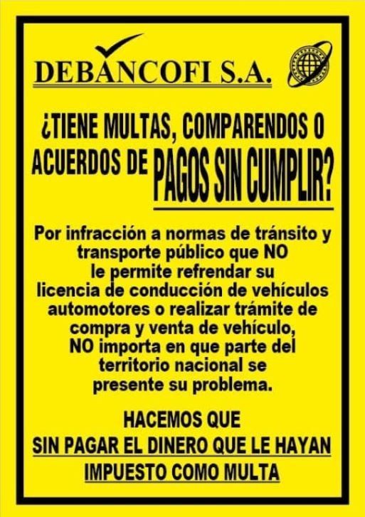 Folleto amarillo con texto negro que anuncia a Debancofi SA para resolver multas de tráfico sin pago.
