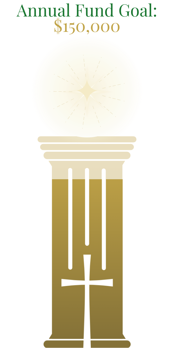 A gold pillar with a white cross overlaid, under text 