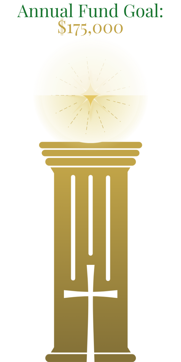 A gold pillar with a white cross overlaid, under text