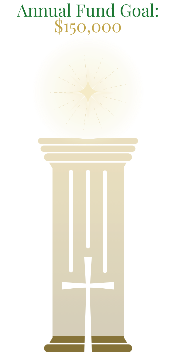 A gold pillar with a white cross overlaid, under text