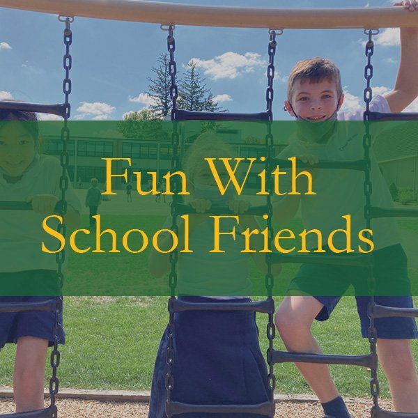A boy sitting on a swing with the words fun with school friends above him