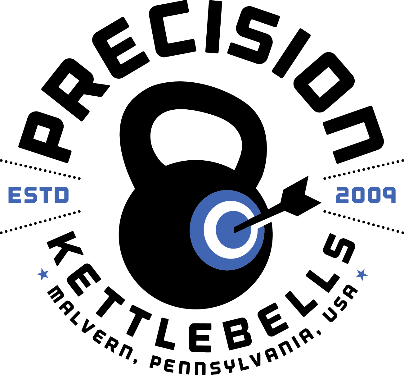 Logo: Black kettlebell with blue bullseye, arrow, and text 