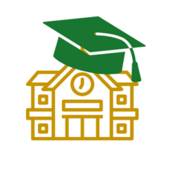 A graduation cap is sitting on top of a school building.