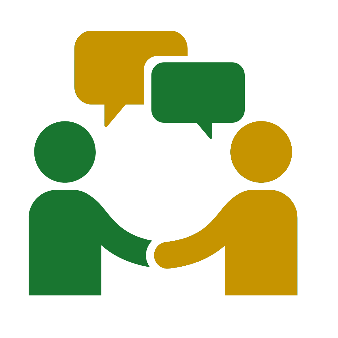 Two people shaking hands with speech bubbles in the background.