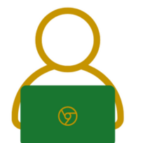 An icon of a person holding a green laptop