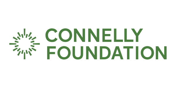 The connelly foundation logo is green and white with a sun in the middle.