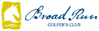 Logo for Broad Run Golfer's Club, featuring a horse head in a yellow square and cursive text.