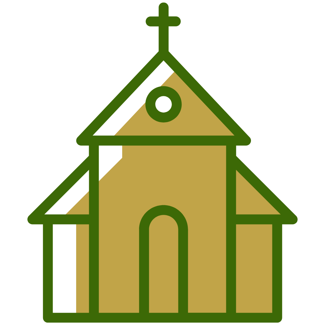 Church building with a cross on top, colored in gold and green.
