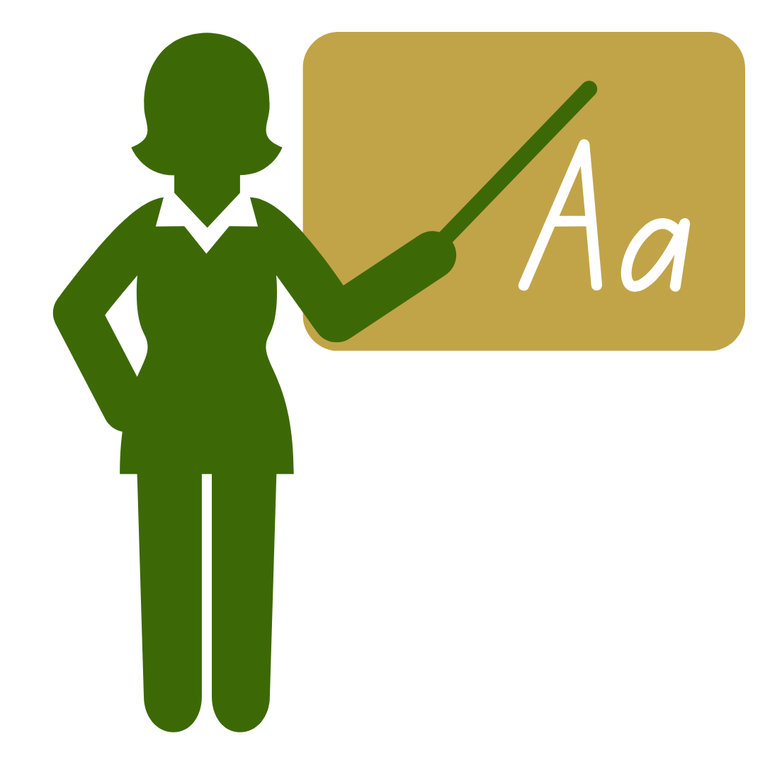 A woman is pointing at a board with the letter a on it