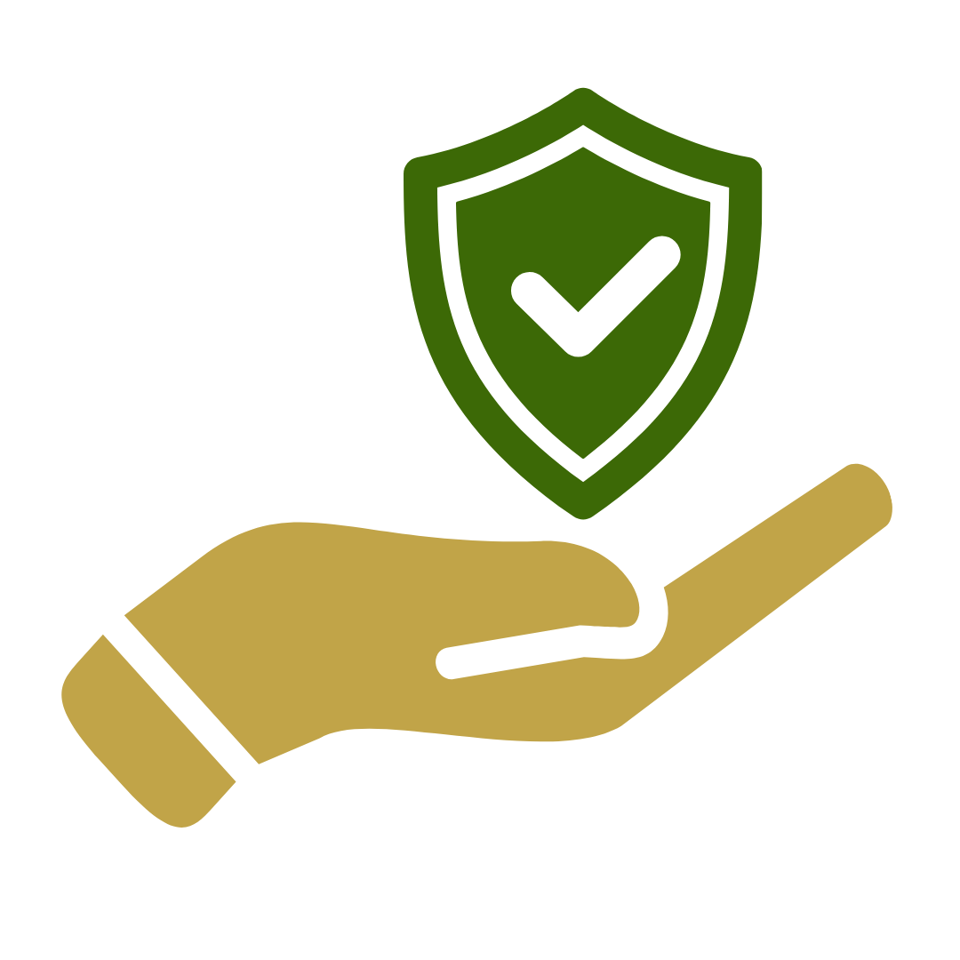 A hand is holding a shield with a check mark on it.