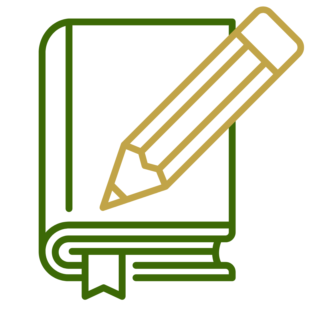 Book with a pencil over it, green and gold, implying writing or editing.