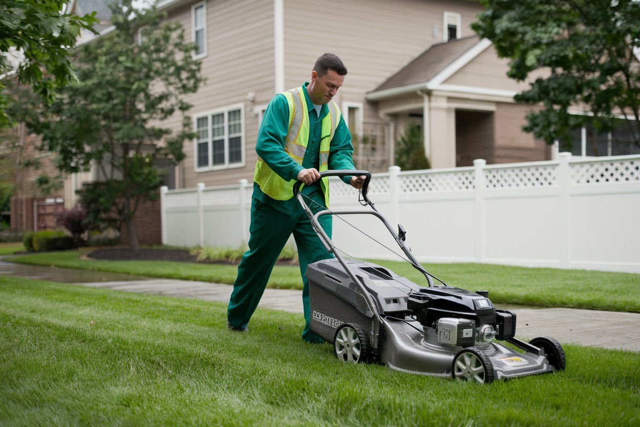 A man is using a lawn mower to cut the grass in front of a house.