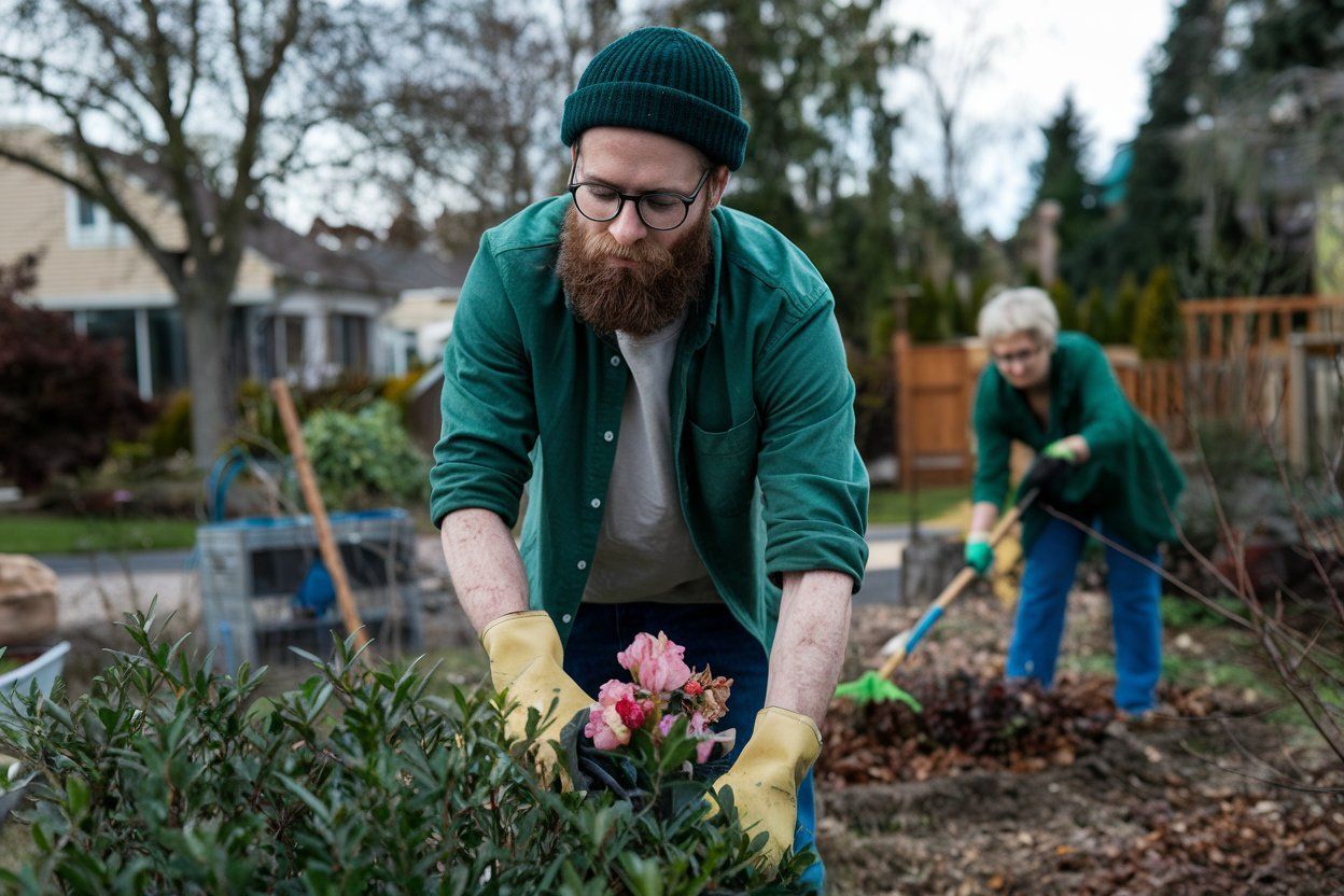 A man and a woman are planting flowers in a garden.